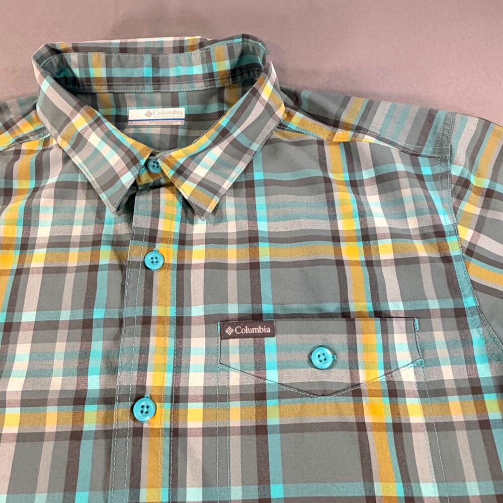 Mens Columbia Omni Shade Shirt Short Sleeve Button Up Large Teal Yellow Gray